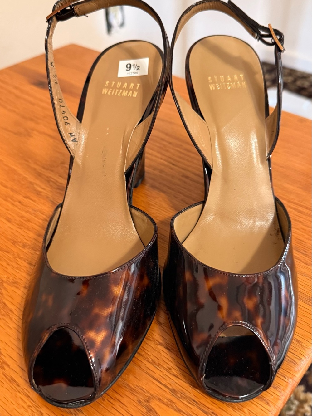 NWT Stuart Weitzman Tortoiseshell Patent Peep-Toe Slingback Heels 9.5 - Picture 5 of 7